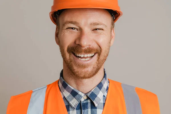 White Man Worker Wearing Helmet Vest Laughing Looking Camera Isolated — Fotografia de Stock