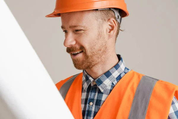 White Man Worker Wearing Helmet Vest Posing Drawing Isolated Grey — стоковое фото