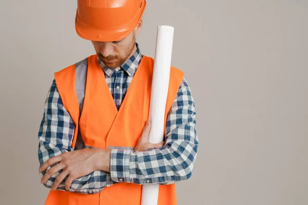 White Man Worker Wearing Helmet Vest Posing Drawing Isolated Grey — Fotografia de Stock