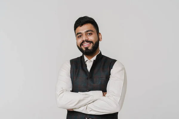Bearded South Asian Man Wearing Vest Smiling Looking Camera Isolated — 스톡 사진