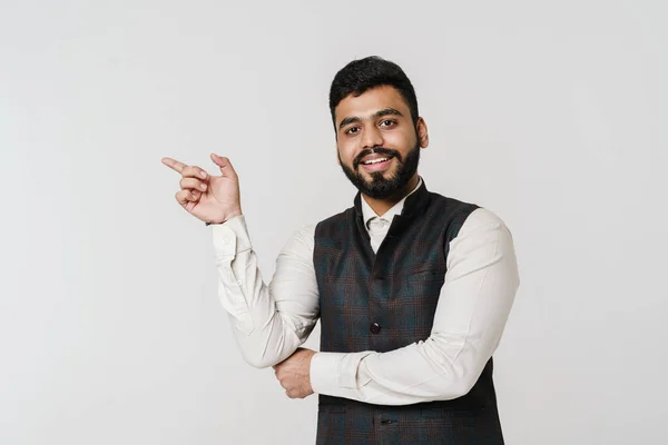 Bearded South Asian Man Smiling Pointing Finger Aside Isolated White — 스톡 사진