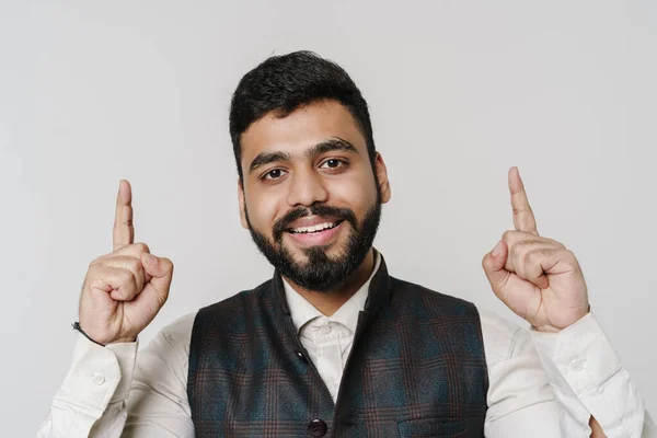 Bearded South Asian Man Smiling Pointing Fingers Upward Isolated White — 스톡 사진