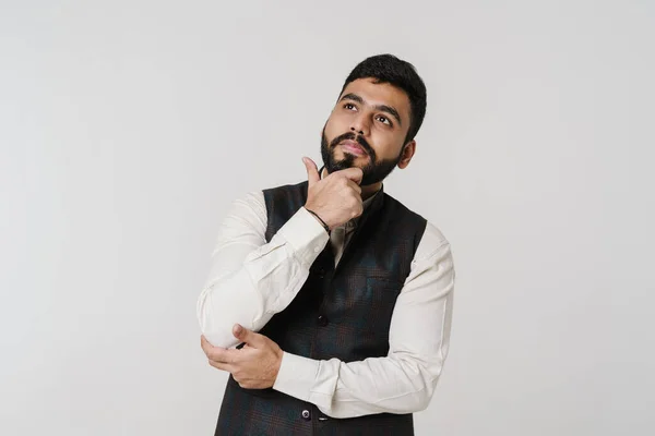 Bearded South Asian Man Holding His Chin Looking Upward Isolated — Φωτογραφία Αρχείου