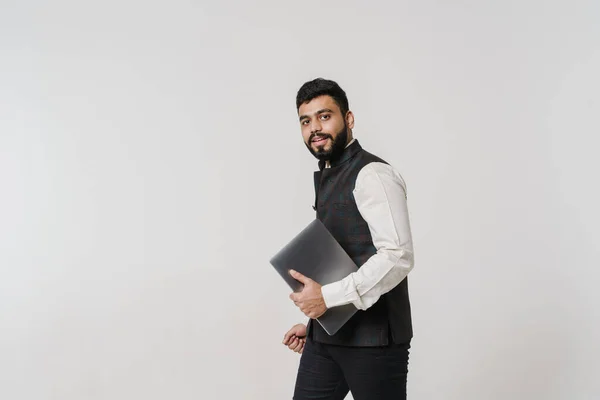 Bearded South Asian Man Wearing Vest Posing Laptop Isolated White — Φωτογραφία Αρχείου