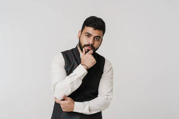 Bearded South Asian Man Holding His Chin Looking Camera Isolated — Φωτογραφία Αρχείου