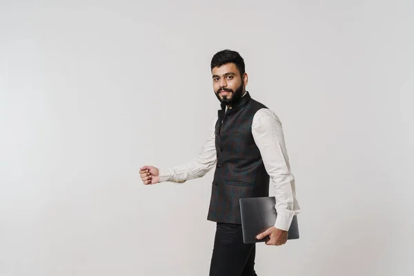 Bearded South Asian Man Wearing Vest Posing Laptop Isolated White — 스톡 사진