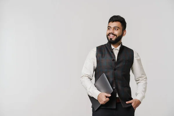 Bearded South Asian Man Wearing Vest Laughing While Posing Laptop — Stock Photo, Image