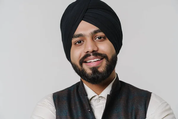 Bearded South Asian Man Wearing Turban Smiling Looking Camera Isolated — 스톡 사진