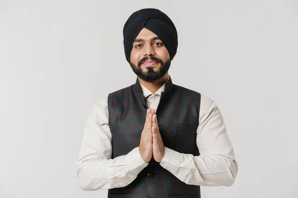 Bearded South Asian Man Wearing Turban Smiling Gesturing Isolated White — 스톡 사진