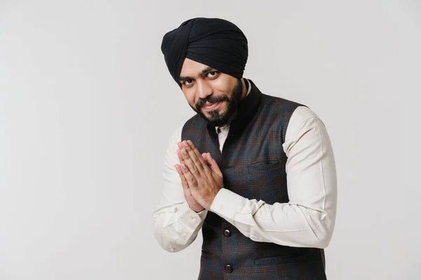 Bearded South Asian Man Wearing Turban Smiling Gesturing Isolated White — 스톡 사진