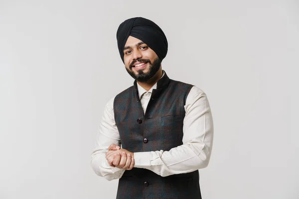 Bearded South Asian Man Wearing Turban Smiling Looking Camera Isolated — Φωτογραφία Αρχείου