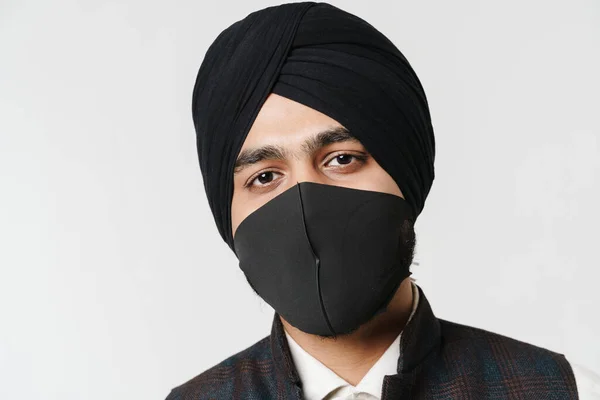 South Asian Man Wearing Turban Face Mask Looking Camera Isolated — 스톡 사진