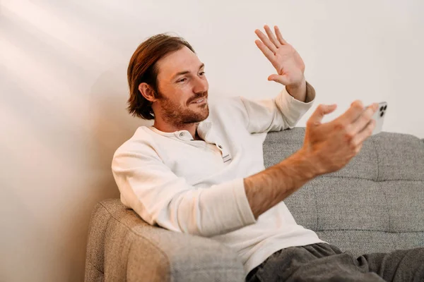 European Man Gesturing Taking Selfie Mobile Phone While Resting Home — Foto de Stock