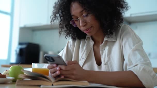 Handsome Curly Haired Woman Eyeglasses Typing Mobile Morning Home — Stockvideo