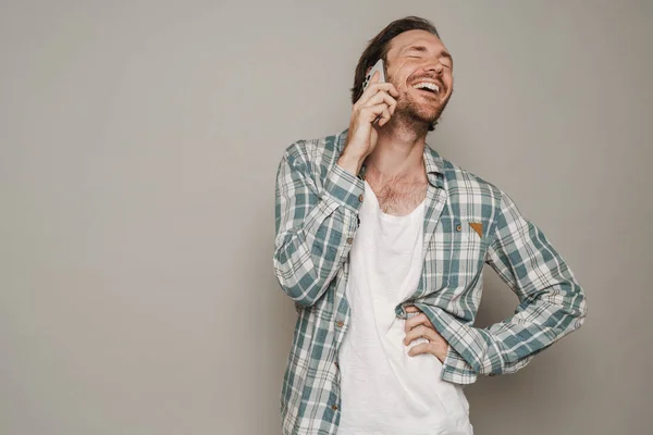 Bristle Man Dressed Shirt Laughing While Talking Cellphone Isolated Grey — Zdjęcie stockowe