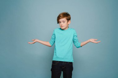 Ginger perplexed boy gesturing and looking at camera isolated over blue wall