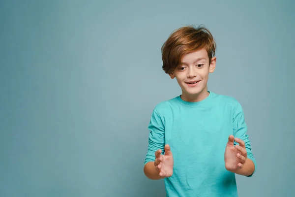 Ginger White Boy Wearing Long Sleeve Smiling Holding Copyspace Isolated — Foto de Stock