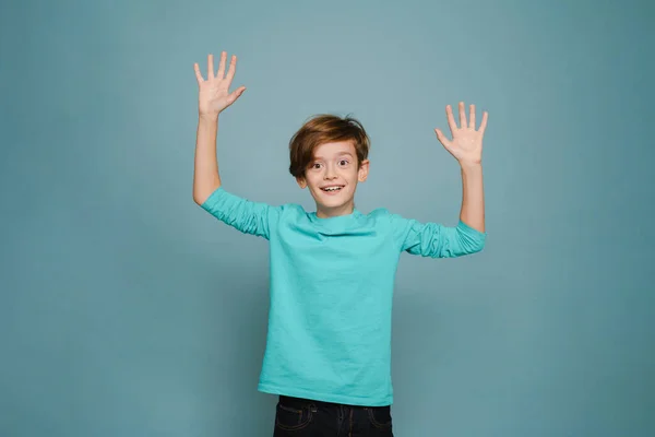 Ginger White Boy Wearing Long Sleeve Smiling Gesturing Camera Isolated — Foto de Stock