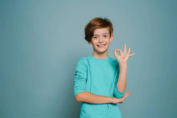 Ginger White Boy Wearing Long Sleeve Smiling Showing Sign Isolated — Foto de Stock