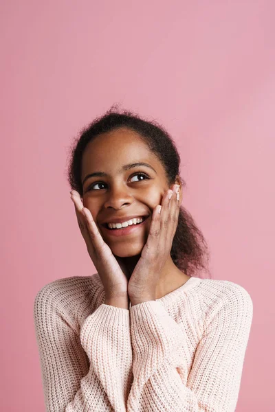 Brunette Black Girl Smiling While Holding Her Face Isolated Pink — Stockfoto
