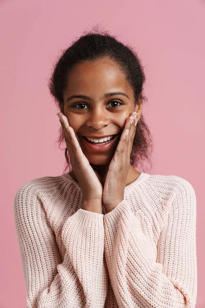 Brunette Black Girl Smiling While Holding Her Face Isolated Pink — стоковое фото