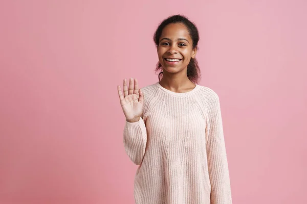Brunette Black Girl Smiling Looking Camera Isolated Pink Background — Stockfoto