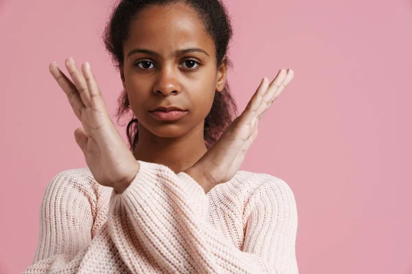 Brunette Black Girl Showing Stop Gesture Camera Isolated Pink Background — Stock Fotó