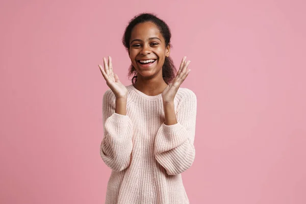 Brunette Black Girl Gesturing While Laughing Camera Isolated Pink Background — Stock Fotó