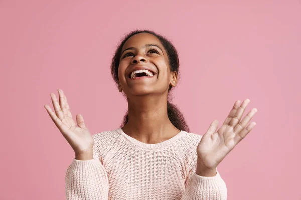 Brunette Black Girl Gesturing While Laughing Camera Isolated Pink Background — стоковое фото