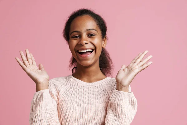 Brunette Black Girl Gesturing While Laughing Camera Isolated Pink Background — стокове фото