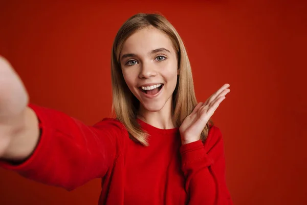 Blonde White Girl Gesturing While Taking Selfie Photo Isolated Red — Fotografia de Stock