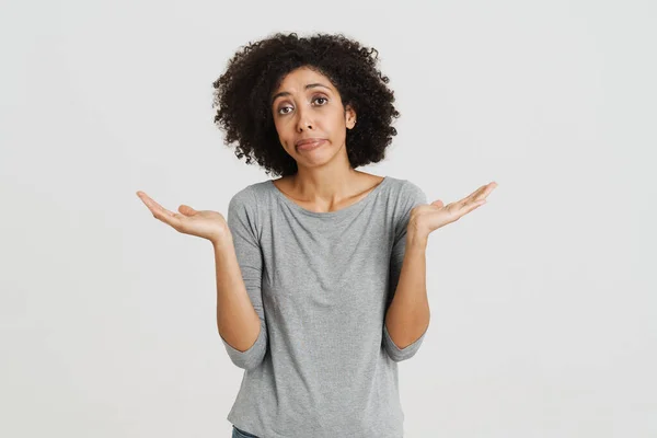 Young Black Woman Frowning Gesturing Camera Isolated White Background — 图库照片