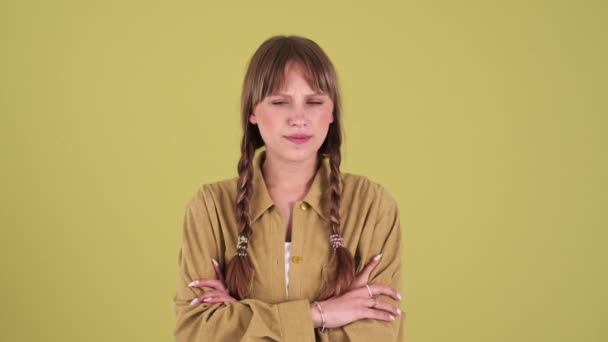 Pretty Blonde Woman Pigtails Disagrees Something Showing Stop Gesture Isolated — Vídeo de Stock