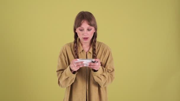 Confident Blonde Woman Pigtails Playing Game Phone Getting Upset Losing — Stockvideo