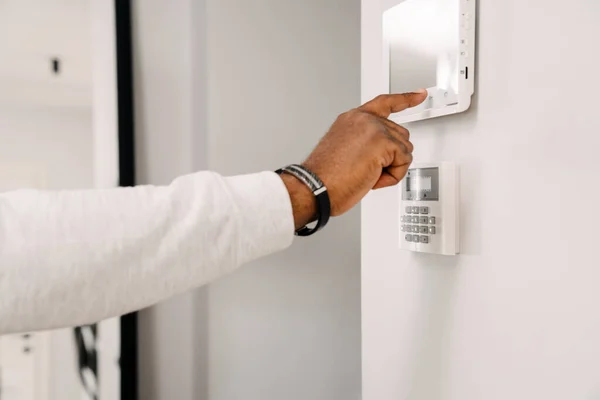 Black Man Hand Opening Door Security Code Home — Stock Fotó