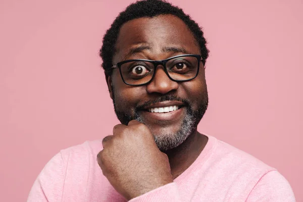 Black Bearded Man Eyeglasses Smiling Looking Camera Isolated Pink Background — Stockfoto