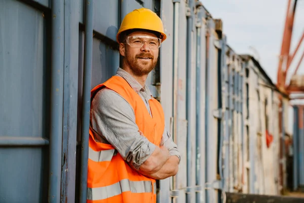 White Ginger Man Wearing Helmet Vest Smiling While Working Port — Fotografia de Stock