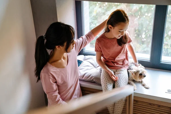 Asian Girl Petting Her Dog Spending Time Mother Home — 图库照片