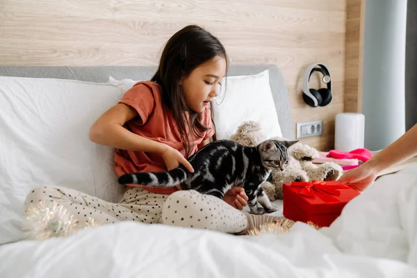 Asian Girl Playing Her Kitten While Sitting Bed Home — Stok fotoğraf
