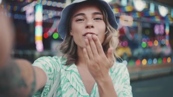 Happy Young Woman Wearing Panama Hat Blowing Air Kiss Camera — Video Stock