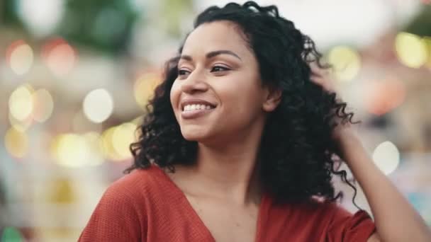 Cheerful Hispanic Curly Haired Woman Posing Camera Adventure Park — Vídeos de Stock