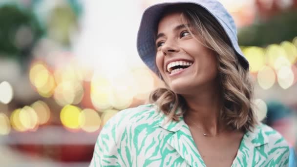 Happy Young Woman Wearing Panama Hat Posing Camera While Standing — Stok video