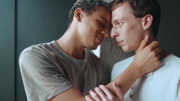 Pretty Multinational Gay Couple Talking Home — 图库视频影像