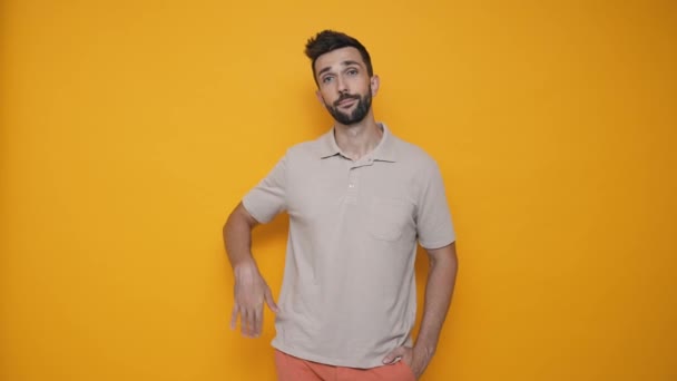 Happy Brunet Man Wearing Shirt Showing Goodbye Gesture Camera Yellow — Vídeo de Stock