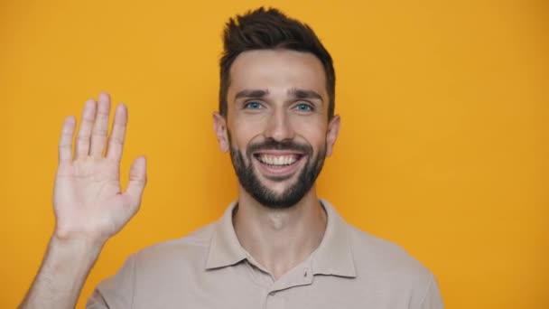 Pretty Brunet Man Wearing Shirt Waving Hand Camera While Standing — Stock video
