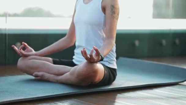 Sporty Woman Doing Meditation Yoga Mat Outdoors — Video