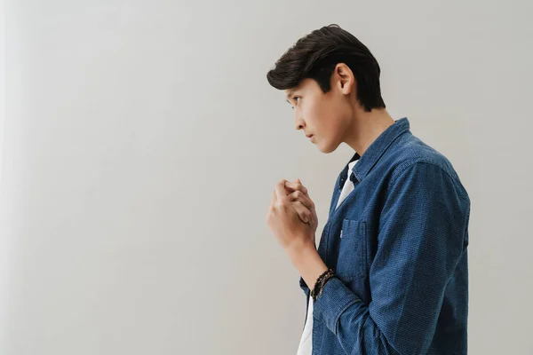 Asian Boy Wearing Shirt Posing Looking Aside Isolated White Background — Stock fotografie