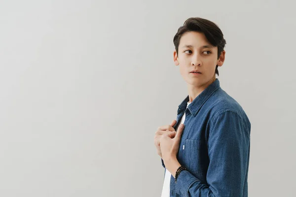 Asian Boy Wearing Shirt Posing Looking Aside Isolated White Background — Stockfoto