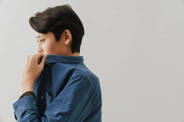 Asian Boy Wearing Shirt Posing Looking Aside Isolated White Background — Fotografia de Stock