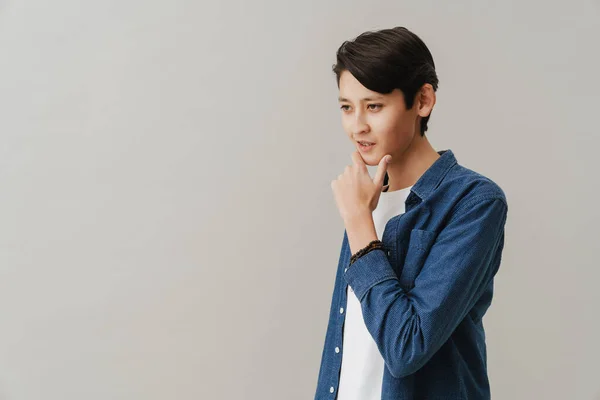 Asian Boy Wearing Shirt Posing Looking Aside Isolated White Background — Stock fotografie